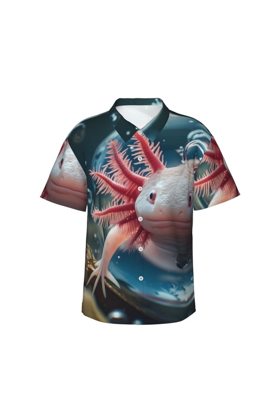 Bubbles Axolotl Fantasy Print Mens Hawaiian Shirts,Loose-Fit Short Sleeve Button Down Tropical Aloha Beach Shirt,Summer Vacation Wedding Tops,Small
