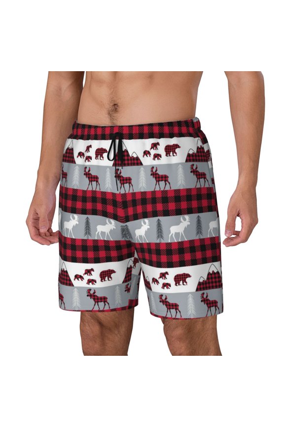 Buffalo Plaid Forest Print Men's Swim Trunk,Quick Dry Board Shorts ,Men's Swim Trunks with Compression Liner, Bathing Suits with Pockets-Small