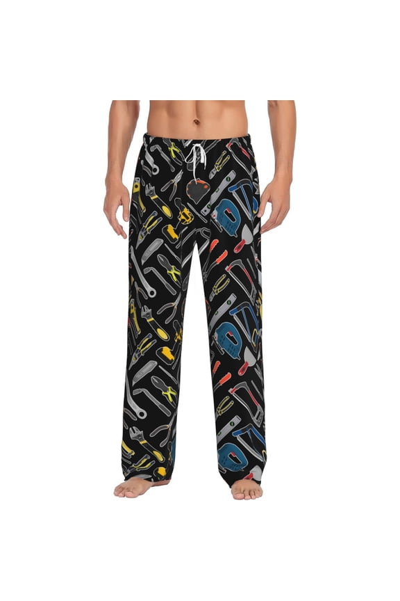 Building hand tools Print Pajama Pants for Men,Men’s Pajama Bottoms,Mens PJ Pants with Pockets & Button Fly-X-Large