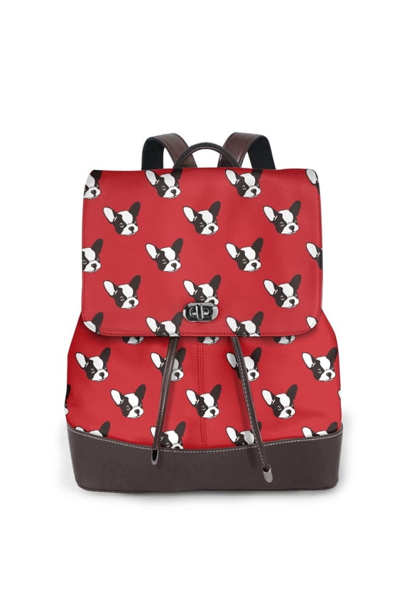 Fuzoiu Bulldog Red Print Women's Leather Backpack,Backpack in Leather with Adjustable Strap,College Bookbag for School,Work Business Backpack