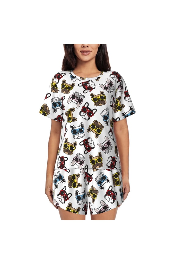 Bulldog Sunglasses Face Print Womens Pajamas Set,Short-Sleeve Pajama 2 Piece Sleepwear with Pockets-Large