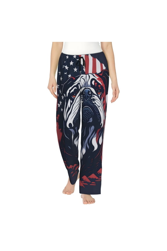 Bulldog with Forest Flag Print Women Pajama Pants,Comfy Pj Bottom with Pockets & Drawstring,Stretch Casual Sleepwear-XX-Large