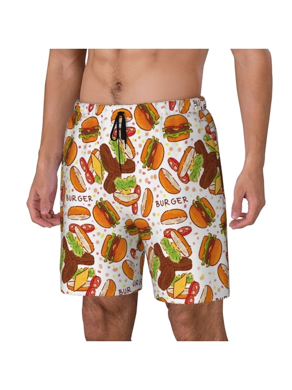 Burger Print Men's Swim Trunk,Quick Dry Board Shorts ,Men's Swim Trunks with Compression Liner, Bathing Suits with Pockets-X-Large