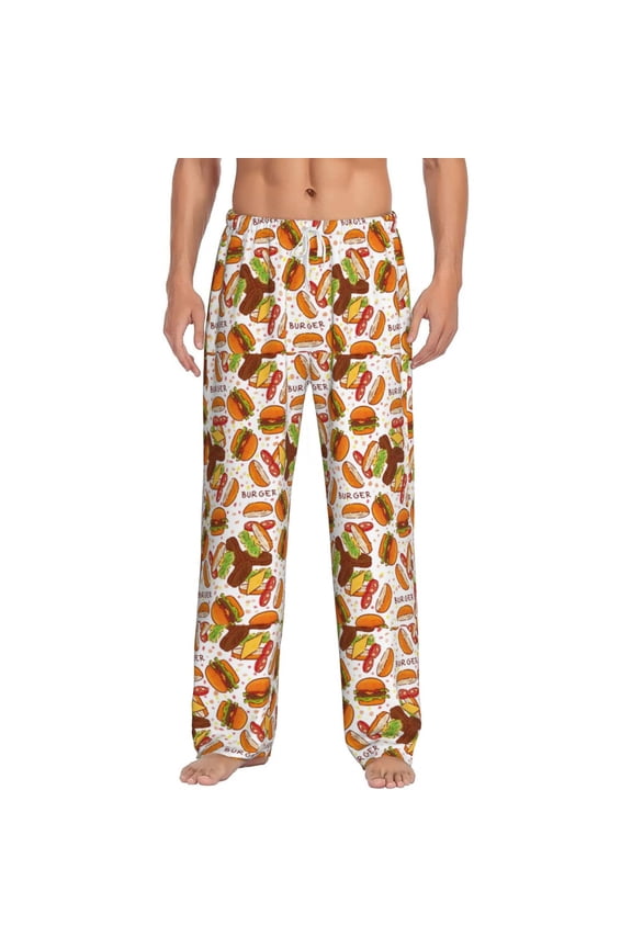 Burger Print Pajama Pants for Men,Men’s Pajama Bottoms,Mens PJ Pants with Pockets & Button Fly-3X-Large