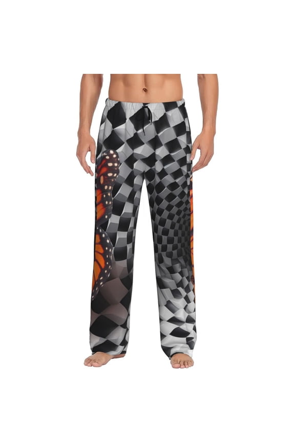 Butterflies Optical Illusion Print Pajama Pants for Men,Men’s Pajama Bottoms,Mens PJ Pants with Pockets & Button Fly-Large