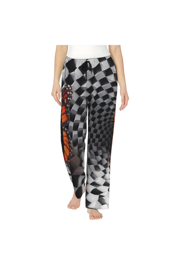 Butterflies Optical Illusion Print Women Pajama Pants,Comfy Pj Bottom with Pockets & Drawstring,Stretch Casual Sleepwear-Small