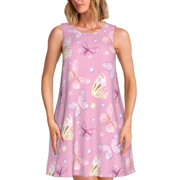Logiee Butterfly 1 Print Summer Dresses for Women,Beach Sleeveless Flowy Pocket Tshirt Tank Sundresses,Women's Sleeveless Dress