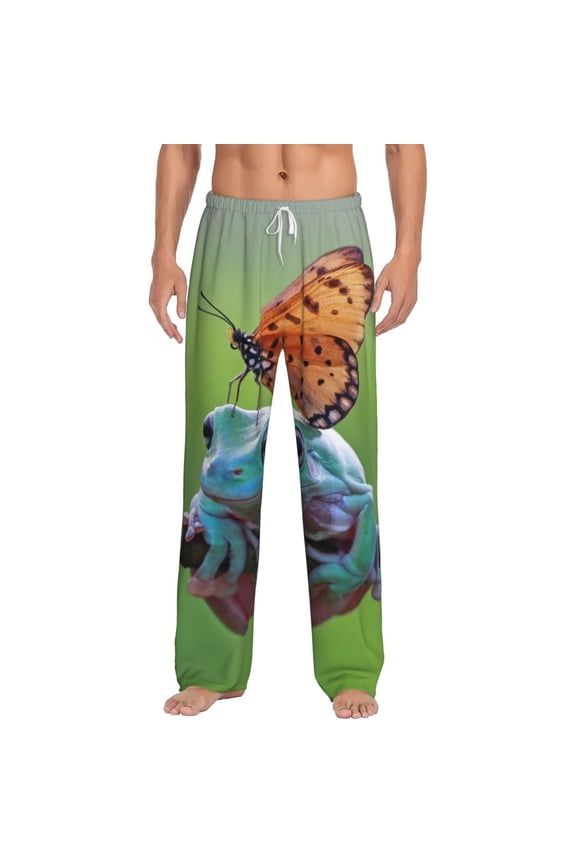 Butterfly Landing On Head Dumpy Frog Print Pajama Pants for Men,Men’s Pajama Bottoms,Mens PJ Pants with Pockets & Button Fly-3X-Large