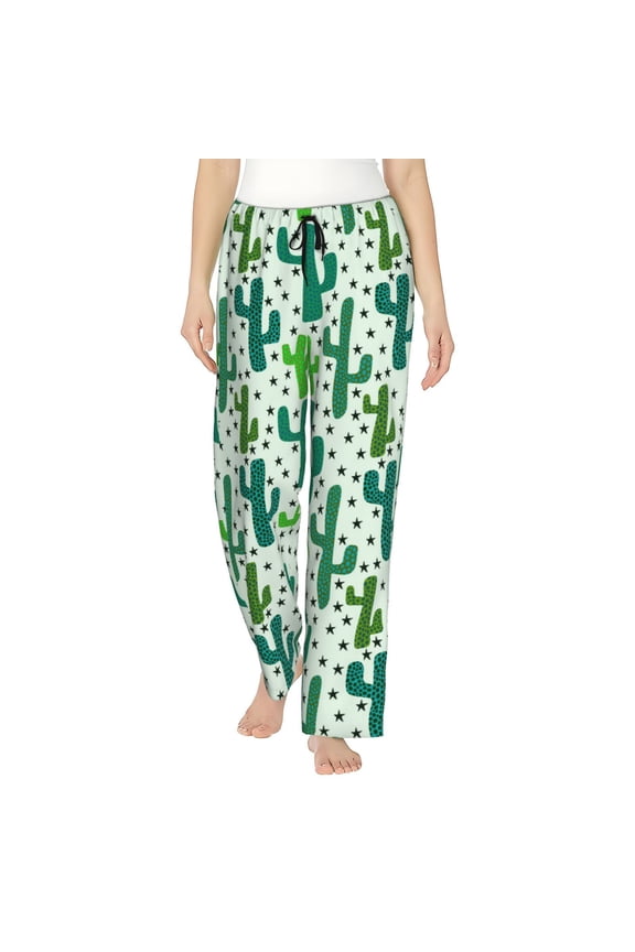 Cactus 1 Print Women Pajama Pants,Comfy Pj Bottom with Pockets & Drawstring,Stretch Casual Sleepwear-Medium
