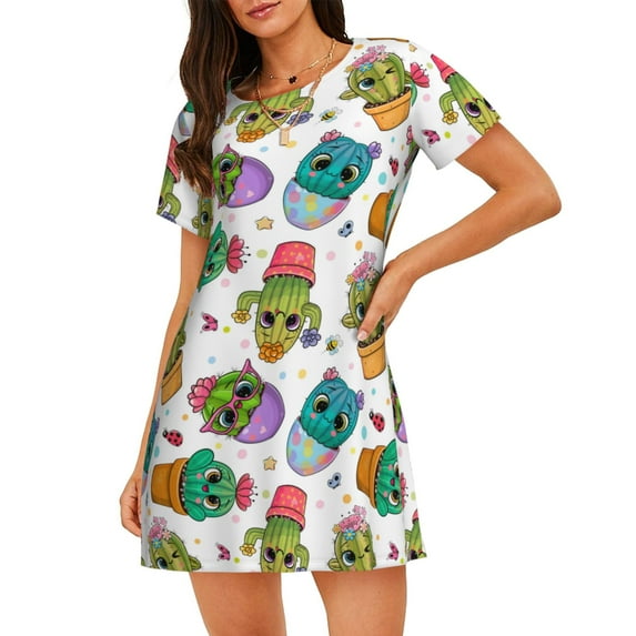 Logiee Cactus And Insects Print Nightgowns for Women,Soft Short-Sleeved Lightweight Sleepwear, Loose Sleepshirts