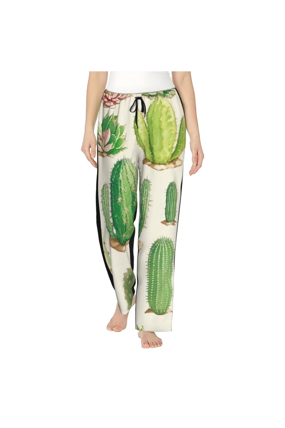 Cactus And Succulent Print Women Pajama Pants,Comfy Pj Bottom with Pockets & Drawstring,Stretch Casual Sleepwear-X-Large