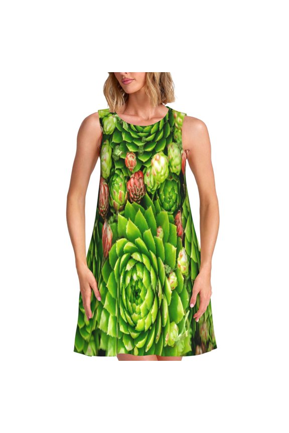 Cactus And Succulents Print Summer Dresses for Women,Beach Sleeveless Flowy Pocket Tshirt Tank Sundresses,Women's Sleeveless Dress