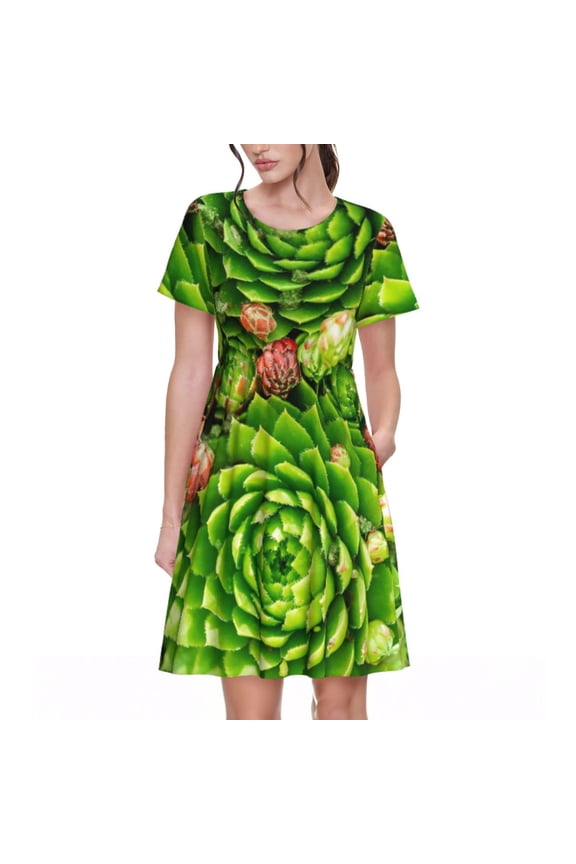 Cactus And Succulents Print Womens Summer Dress,Casual Short Sleeve Sundresses,Beach A-line Shift Dress with Pockets