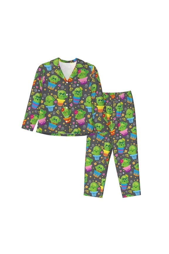 Cactus In Pots Print Womens Pajamas Set,Long Sleeve Sleepwear,Button Down Lounge Set 2 Pieces,Soft Nightwear Pjs Set-Medium