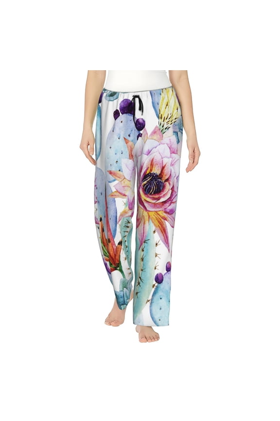 Cactus Print Women Pajama Pants,Comfy Pj Bottom with Pockets & Drawstring,Stretch Casual Sleepwear-Medium
