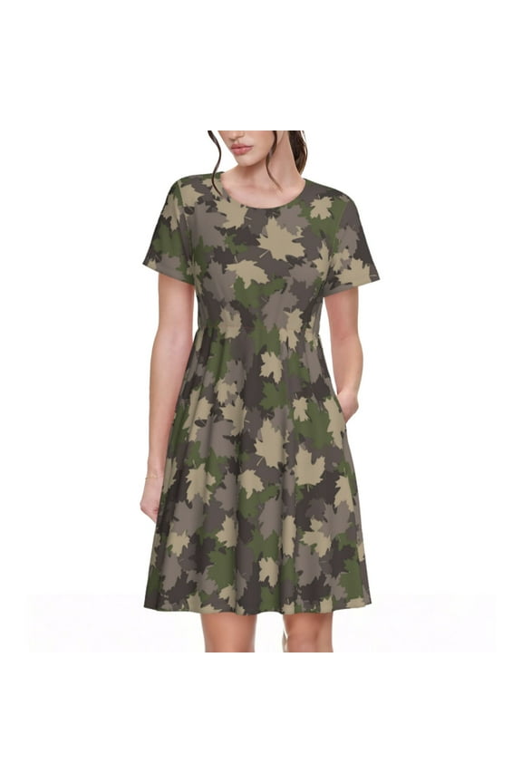 Camouflage maple Print Womens Summer Dress,Casual Short Sleeve Sundresses,Beach A-line Shift Dress with Pockets