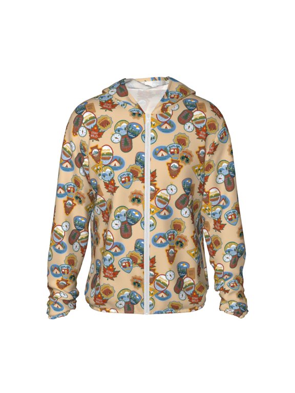 Camp Badge Print Men's Women Light Jacket Full Zip Sun Protection Hoodie Long Sleeve Sun Shirts for Men Hiking Fishing Zip Pockets-