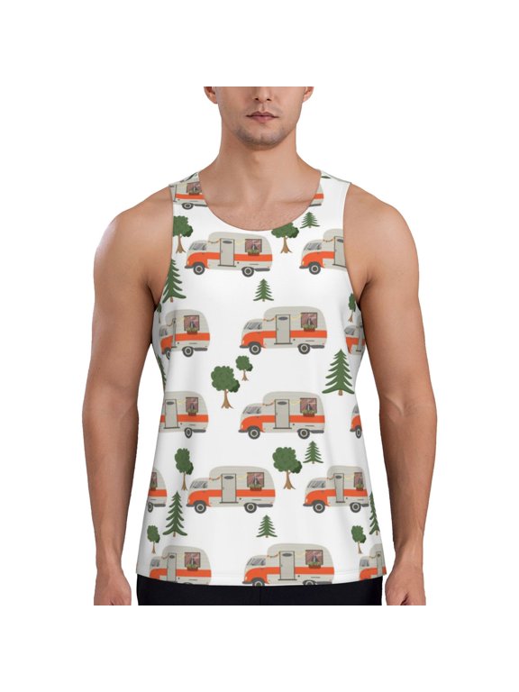 Camp Van Print Men's Workout Tank Top,Quick Dry Workout Tank Top,Gym Muscle Tee,Fitness Bodybuilding Sleeveless T Shirt-XX-Large