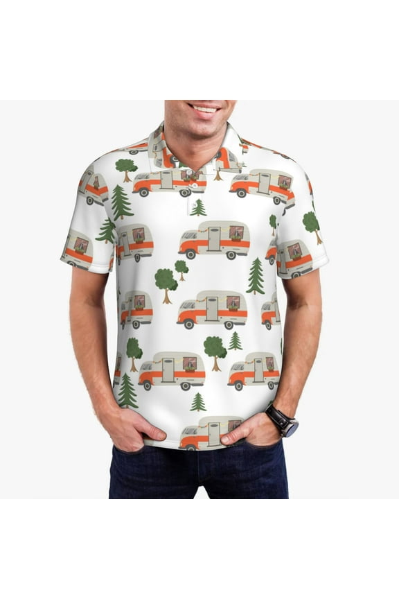 Camp Van Print Mens Polo Shirts,Mens Golf Polo Shirts,Short Sleeve Casual Polo Shirts for Men,Summer Fashion Beach Shirts-Small