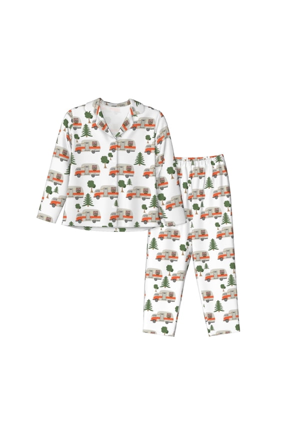 Camp Van Print Womens Pajamas Set,Long Sleeve Sleepwear,Button Down Lounge Set 2 Pieces,Soft Nightwear Pjs Set-Medium
