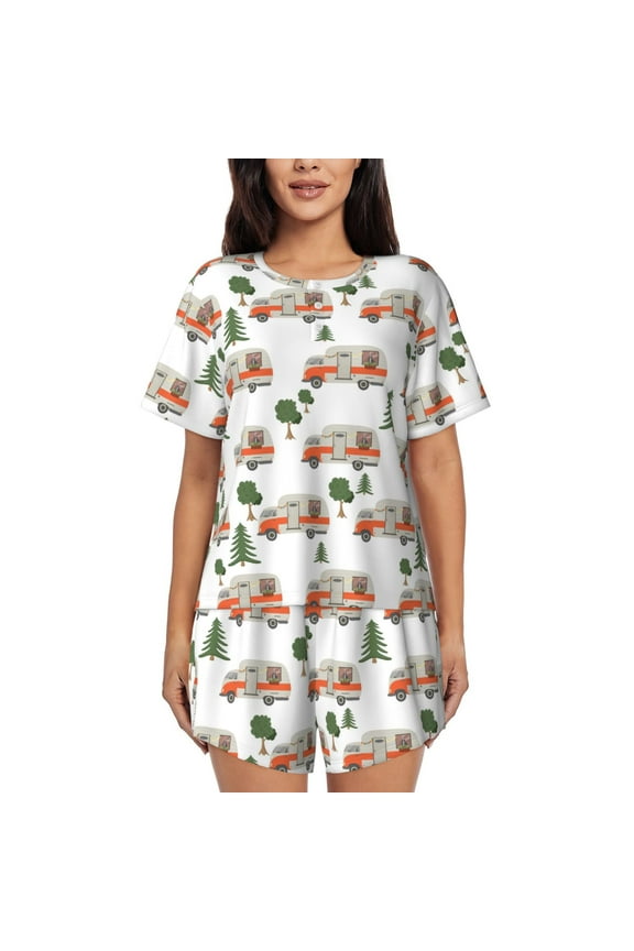 Camp Van Print Womens Pajamas Set,Short-Sleeve Pajama 2 Piece Sleepwear with Pockets-Large