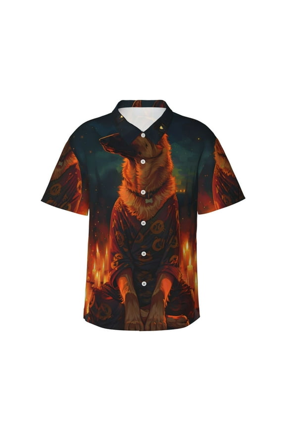Candle Shepherd Dog Print Mens Hawaiian Shirts,Loose-Fit Short Sleeve Button Down Tropical Aloha Beach Shirt,Summer Vacation Wedding Tops,XX-Large