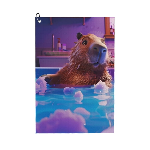 Logiee Capybara Bathtub Fun Print Golf Towels,16" x 24" Portable Golf Towel for Golf Bag with Carabiner Clip to Quickly Remove Sand,Mud and Sweat