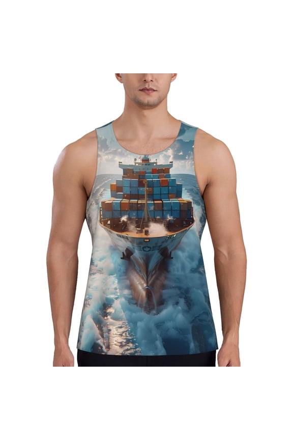 Cargo Ship At Sea Print Men's Workout Tank Top,Quick Dry Workout Tank Top,Gym Muscle Tee,Fitness Bodybuilding Sleeveless T Shirt-Large