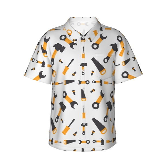 Logiee Carpenter tools Print Mens Hawaiian Shirts,Loose-Fit Short Sleeve Button Down Tropical Aloha Beach Shirt,Summer Vacation Wedding Tops,Large