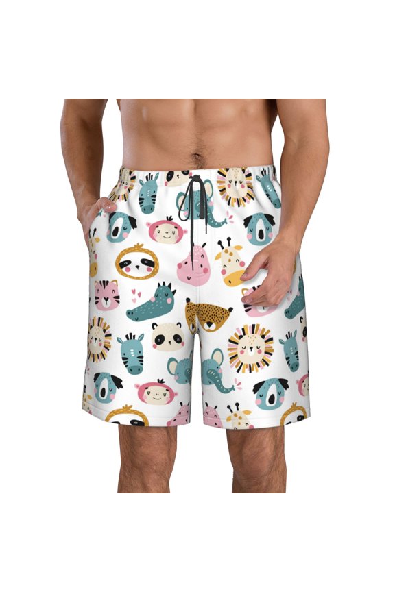 Cartoon Animals Print Mens Swim Trunks Quick Dry Board Shorts,Breathable Hawaii Beach Shorts Swimwear Bathing Suits-Small