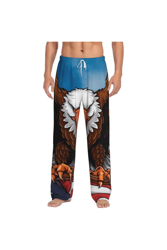 Cartoon Bald Eagle USA Print Pajama Pants for Men,Men’s Pajama Bottoms,Mens PJ Pants with Pockets & Button Fly-Large