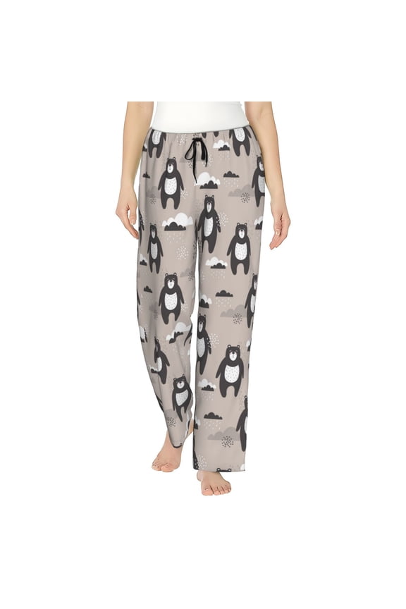 Cartoon Bear Brown Print Women Pajama Pants,Comfy Pj Bottom with Pockets & Drawstring,Stretch Casual Sleepwear-Medium