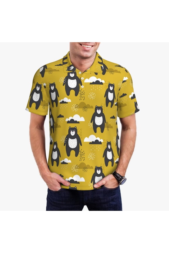 Cartoon Bear Yellow Print Mens Polo Shirts,Mens Golf Polo Shirts,Short Sleeve Casual Polo Shirts for Men,Summer Fashion Beach Shirts-Small