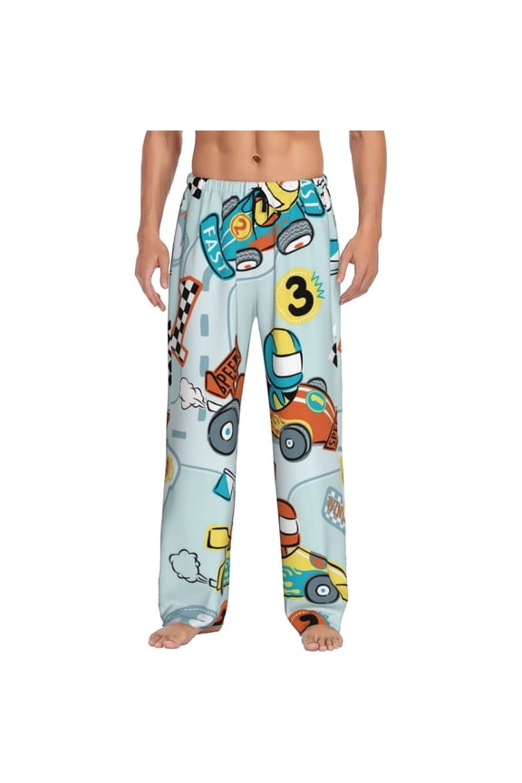 Cartoon Car Racing Print Pajama Pants for Men,Men’s Pajama Bottoms,Mens PJ Pants with Pockets & Button Fly-Small