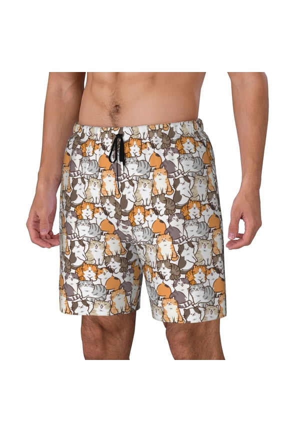 Cartoon Cat Print Men's Swim Trunk,Quick Dry Board Shorts ,Men's Swim Trunks with Compression Liner, Bathing Suits with Pockets-Large