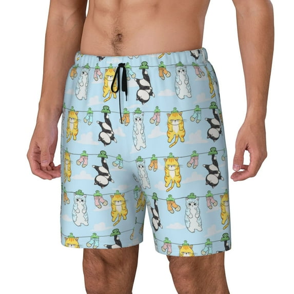 Logiee Cartoon Cat Print Men's Swim Trunk,Quick Dry Board Shorts ,Men's Swim Trunks with Compression Liner, Bathing Suits with Pockets-Medium