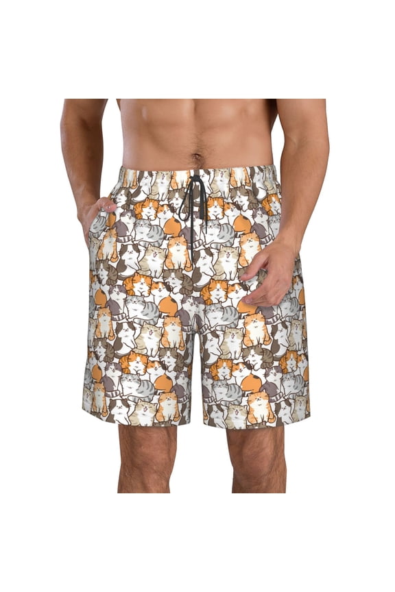 Cartoon Cat Print Mens Swim Trunks Quick Dry Board Shorts,Breathable Hawaii Beach Shorts Swimwear Bathing Suits-Medium