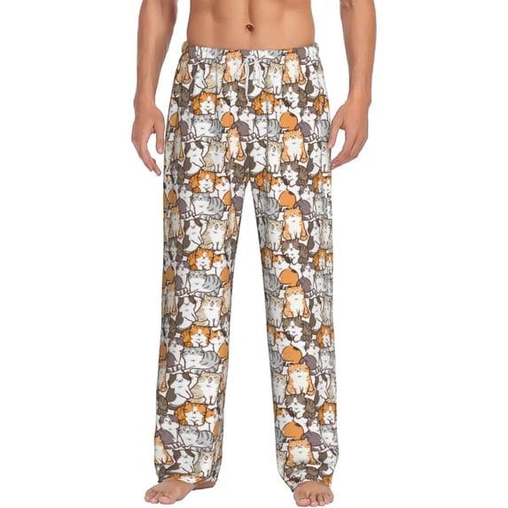 Logiee Cartoon Cat Print Pajama Pants for Men,Men’s Pajama Bottoms,Mens PJ Pants with Pockets & Button Fly-Large