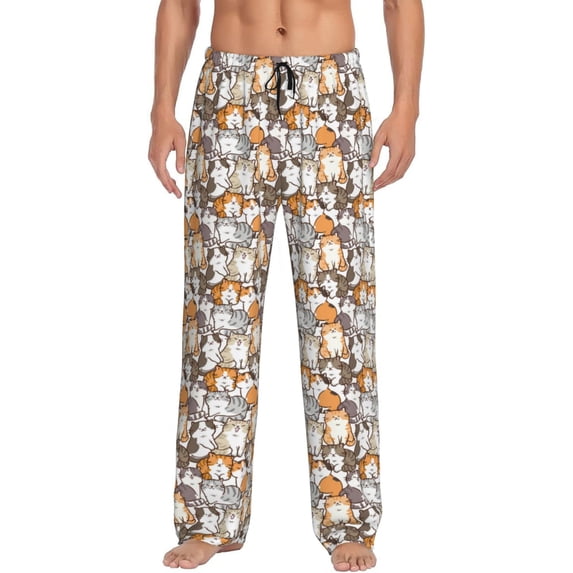 Logiee Cartoon Cat Print Pajama Pants for Men,Men’s Pajama Bottoms,Mens PJ Pants with Pockets & Button Fly-Small