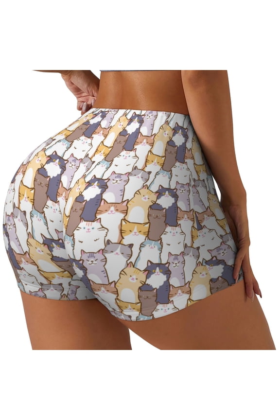 Cartoon Cat Print Women's Biker Shorts,Workout Gym Shorts,Scrunch Shorts,Tummy Control Hidden Scrunch Running Yoga Shorts-XX-Large
