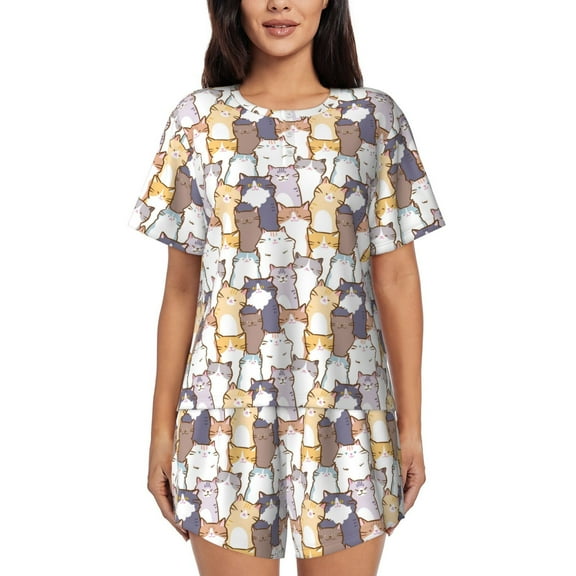 Logiee Cartoon Cat Print Womens Pajamas Set,Short-Sleeve Pajama 2 Piece Sleepwear with Pockets-Small