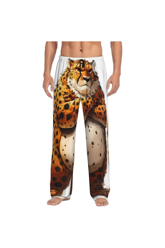 Cartoon Cheetah With Attitude Print Pajama Pants for Men,Men’s Pajama Bottoms,Mens PJ Pants with Pockets & Button Fly-Large
