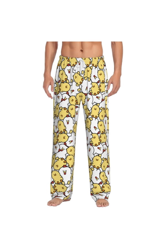Cartoon Chicken Print Pajama Pants for Men,Men’s Pajama Bottoms,Mens PJ Pants with Pockets & Button Fly-Large