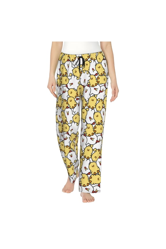 Cartoon Chicken Print Women Pajama Pants,Comfy Pj Bottom with Pockets & Drawstring,Stretch Casual Sleepwear-Medium