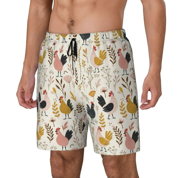 Logiee Cartoon Chickens Print Men's Swim Trunk,Quick Dry Board Shorts ,Men's Swim Trunks with Compression Liner, Bathing Suits with Pockets-XX-Large