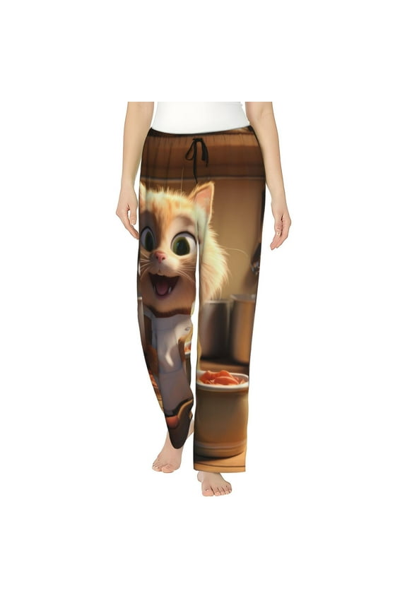 Cartoon Cooking Cat Print Women Pajama Pants,Comfy Pj Bottom with Pockets & Drawstring,Stretch Casual Sleepwear-Medium