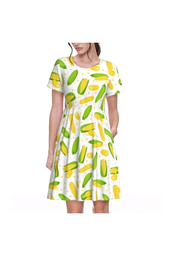Cartoon Corn Print Womens Summer Dress,Casual Short Sleeve Sundresses,Beach A-line Shift Dress with Pockets