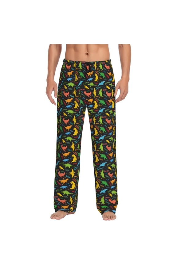 Cartoon Dino Print Pajama Pants for Men,Men’s Pajama Bottoms,Mens PJ Pants with Pockets & Button Fly-Large