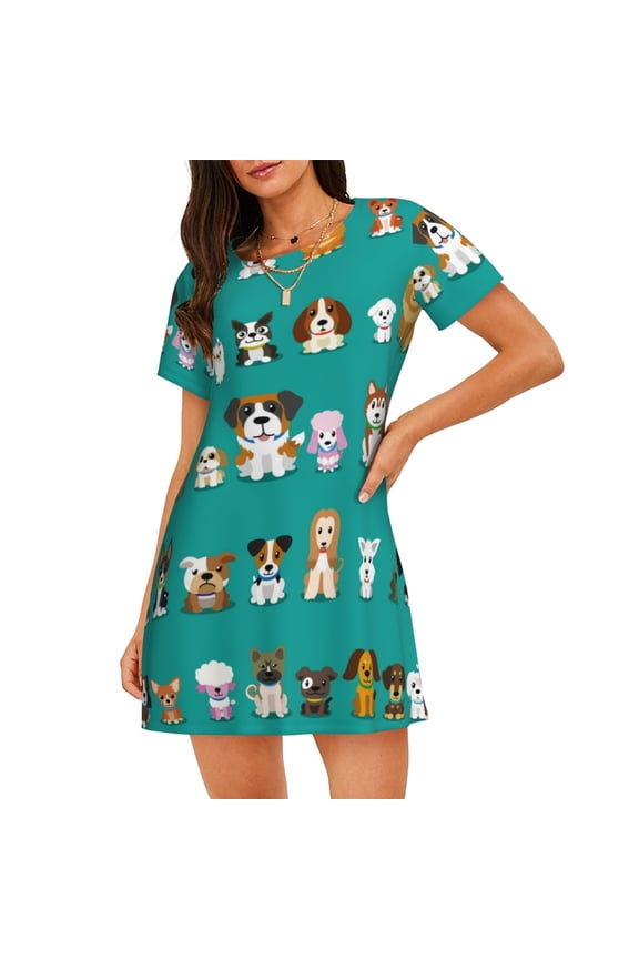 Cartoon Dogs Print Nightgowns for Women,Soft Short-Sleeved Lightweight Sleepwear, Loose Sleepshirts