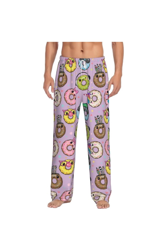 Cartoon Donuts Print Pajama Pants for Men,Men’s Pajama Bottoms,Mens PJ Pants with Pockets & Button Fly-3X-Large